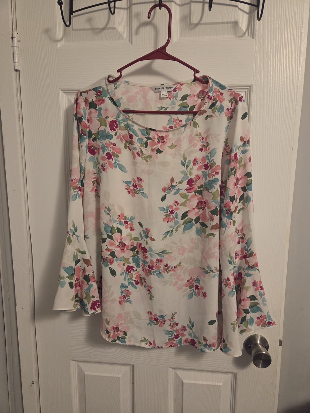 Counterparts Floral Bell Sleeve Blouse - Pink/Teal on Cream